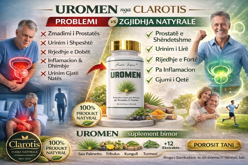 UROMEN suplement bimor nga CLAROTIS per urinim te shpeshte, urinim natyral meshkuj, prostate inflamacion trajtim natyral, mbrojtje prostate natyrale, suplement meshkuj mbi 35 vjec, mbeshtetje trakt urinar meshkuj, prostate pa operacion